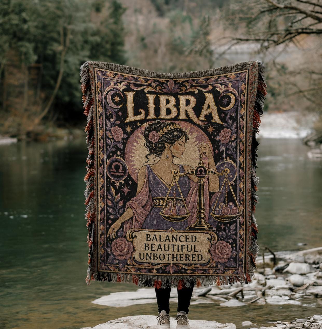 Libra Zodiac Art Nouveau Woven Blanket | Astrology Tapestry Throw