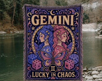 Vävd filt med illustration av stjärnteckenet Tvillingarna | Astrologifilt med tur i kaos