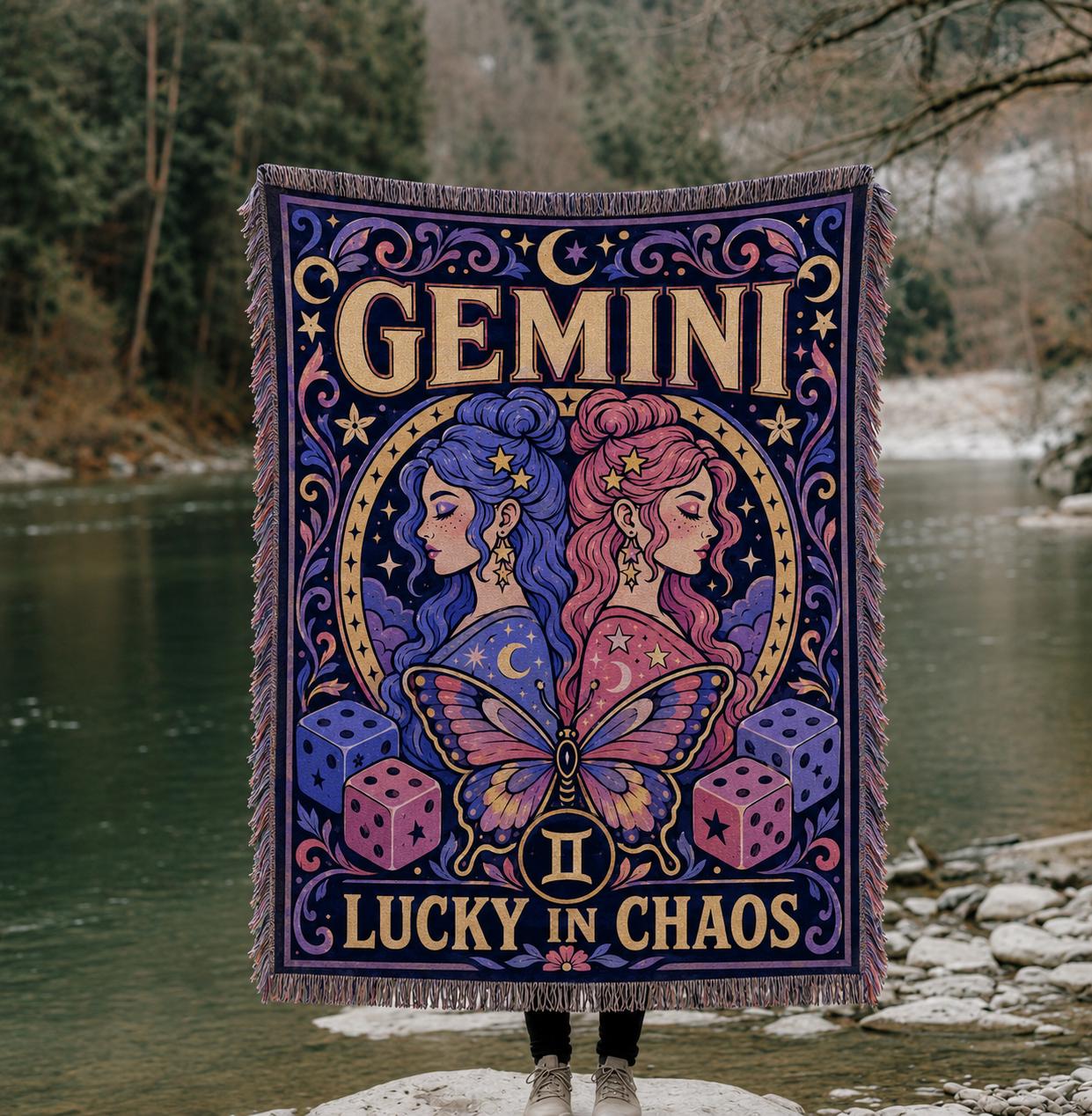 Gemini Zodiac Illustration Woven Blanket | Lucky in Chaos Astrology Throw