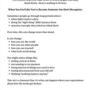May include: Text from a book page titled "2.1 Understanding Yourself." The text discusses recognizing internal changes, including feeling cynical, losing interest, and feeling disconnected. The page number is 13.