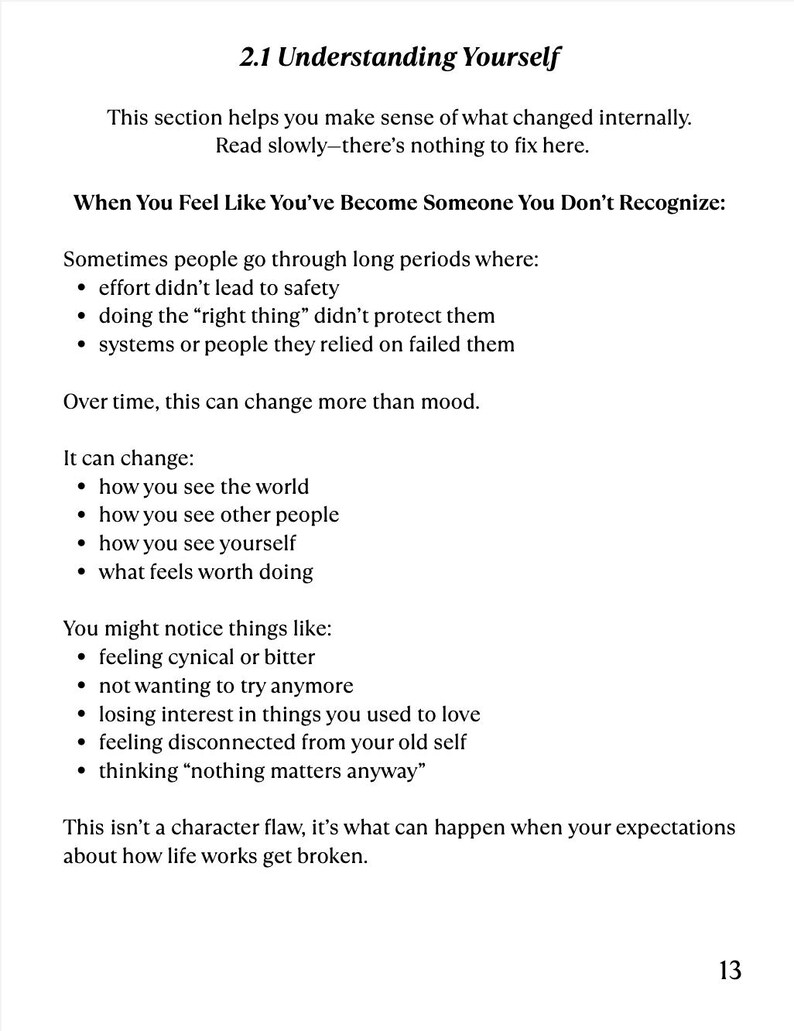 May include: Text from a book page titled "2.1 Understanding Yourself." The text discusses recognizing internal changes, including feeling cynical, losing interest, and feeling disconnected. The page number is 13.