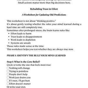 May include: A worksheet titled "Updating Old Predictions and Rebuilding Trust." The text includes sections on testing new possibilities and identifying core beliefs. The worksheet lists examples of negative beliefs and prompts the user to write their own.