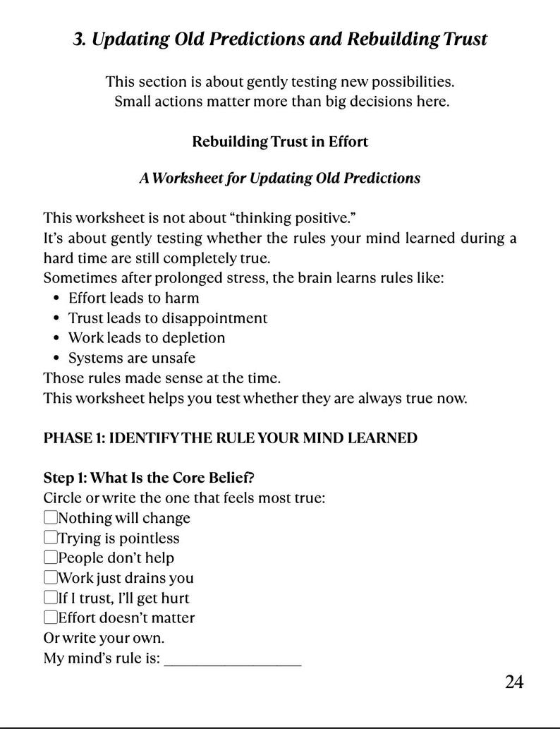 May include: A worksheet titled "Updating Old Predictions and Rebuilding Trust." The text includes sections on testing new possibilities and identifying core beliefs. The worksheet lists examples of negative beliefs and prompts the user to write their own.