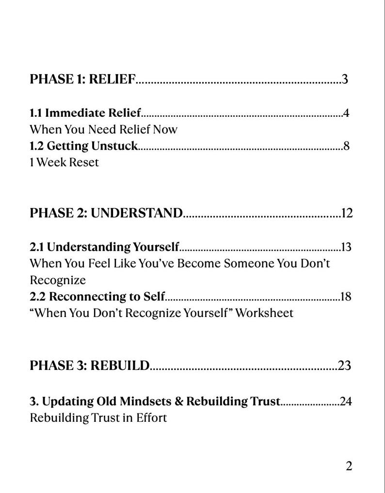 May include: A page from a document with a table of contents. The text is black on a white background. The document is divided into three phases: Relief, Understand, and Rebuild. Each phase has subheadings and page numbers.