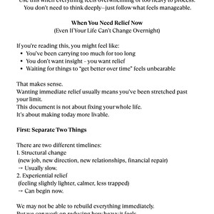 May include: A white document with black text titled "1.1 Immediate Relief." The text discusses managing overwhelming feelings and seeking immediate relief. It outlines two timelines: structural change and experiential relief.