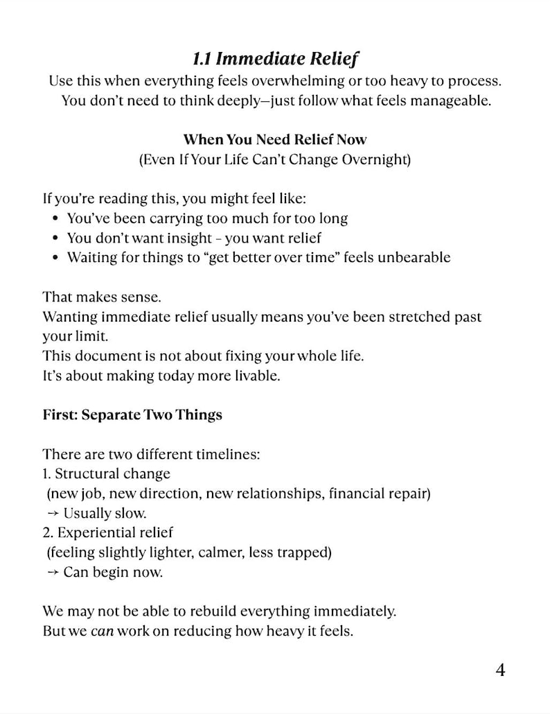 May include: A white document with black text titled "1.1 Immediate Relief." The text discusses managing overwhelming feelings and seeking immediate relief. It outlines two timelines: structural change and experiential relief.
