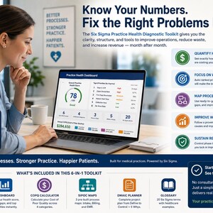 May include: A digital marketing graphic for the Six Sigma Practice Health Diagnostic Toolkit. The image displays a laptop showing a Practice Health Dashboard with a score of 78, surrounded by text detailing operational improvement tools.