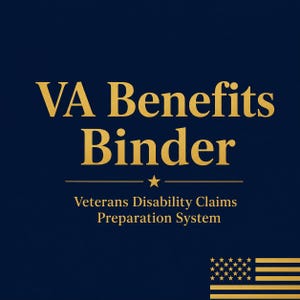 May include: A dark blue square graphic with gold text that reads VA Benefits Binder, followed by a small star, and the text Veterans Disability Claims Preparation System. A stylized gold American flag is positioned in the bottom right corner.