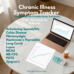 Op de afbeelding: Een document voor het bijhouden van symptomen van chronische ziekten met een lijst van aandoeningen zoals de ziekte van Bechterew, coeliakie, fibromyalgie, de ziekte van Hashimoto, Long Covid, lupus, MCAS, ME/cvs, POTS en het syndroom van Sjögren.