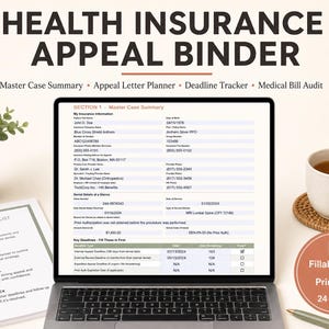 May include: A digital health insurance appeal binder displayed on a laptop screen, featuring sections for a master case summary, appeal letter planner, deadline tracker, and medical bill audit. Includes a printable appeal checklist and a fillable PDF icon.