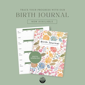 Könnte beinhalten: Ein Geburtenjournal mit floralem Cover-Design in Rosa, Orange, Blau und Gelb. Das Journal ist geöffnet und zeigt linierte Seiten. Auf dem Cover steht "Birth Journal", mit "Digital Download" auf einem runden Aufkleber.