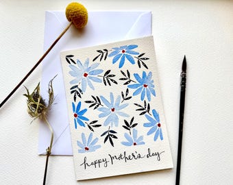 Hand-painted original blue daisies watercolor- mother's day card with envelope