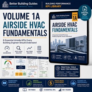 Op de afbeelding: Een digitale PDF-gids getiteld Volume 1A Airside HVAC Fundamentals, met 149 pagina's over KPI's voor gebouwprestaties. De omslag toont een industriële HVAC-unit op een dak, met iconen voor dashboards, root cause analyse en besparingstools.