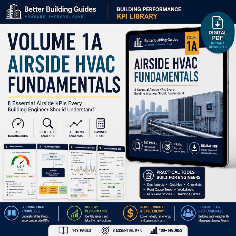 May include: A digital PDF guide titled Volume 1A Airside HVAC Fundamentals, featuring 149 pages of building performance KPIs. The cover displays an industrial HVAC unit on a rooftop, with icons for dashboards, root cause analysis, and savings tools.