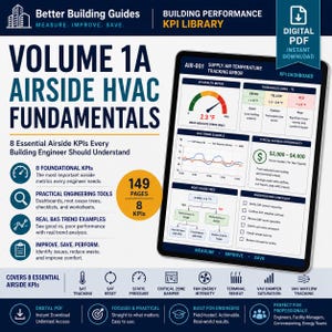 May include: A digital PDF guide titled Volume 1A Airside HVAC Fundamentals, featuring a KPI dashboard, 149 pages, and 8 essential airside KPIs. The document includes charts, a root cause tree, and investigation checklists for building engineers.