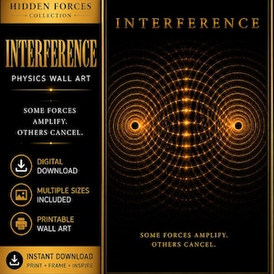 May include: A digital wall art print titled INTERFERENCE from the Hidden Forces Collection. The design features two glowing gold circular wave patterns on a black background with the text: SOME FORCES AMPLIFY. OTHERS CANCEL. The layout includes icons for digital download, multiple sizes, and printable wall art.