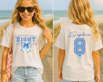 Personalized Eight Blue Bow Birthday Girl T-Shirt, Custom Name Tee, 8th Bday Est 2018