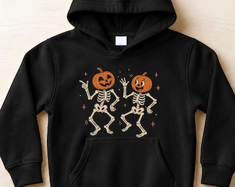 Halloween Dancing Skeletons Kids Sweatshirt, Pumpkin Skeleton Hoodie, Spooky Pumpkin Head Gift