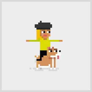 May include: Pixelated illustration of a person riding a pixelated dog. The person is wearing a black beret, a yellow shirt, and black pants. The dog is brown and white with its tongue sticking out. The background is a light gray.