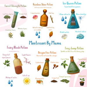 Puede incluir: Ilustración colorida de recetas de pociones, incluyendo pociones de fuerza forestal, brillo arcoíris y reina de hielo. Cada receta muestra ingredientes como pétalos, hojas y tierra en una botella única. El texto "Montessori By Mama" está en el centro.