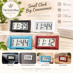 May include: Four rectangular digital clocks in black, white, blue, and red, each featuring a clear LCD screen displaying time. The clocks are shown in various settings including a car dashboard, a refrigerator, an office desk, and a home table.
