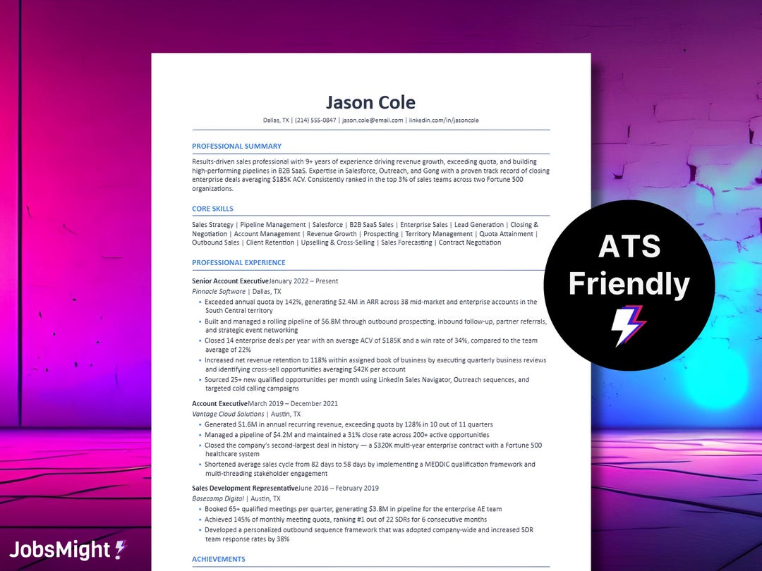 ATS Friendly Sales Resume Template, Account Executive Cover Letter ...