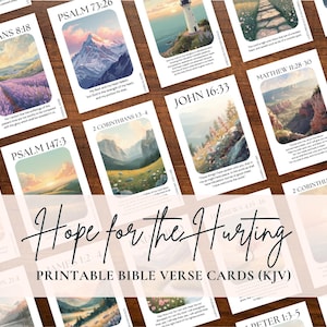 Pode incluir: Uma coleção de cartões retangulares com ilustrações de paisagens e versículos bíblicos com citações como Romanos 8:18 e Salmos 73:26. O texto Hope for the Hurting Printable Bible Verse Cards (KJV) está sobreposto em letra cursiva e de imprensa.