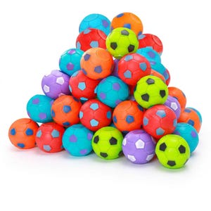 May include: A large pile of small, multi-colored soccer balls. Each ball features a classic hexagonal panel pattern in various bright colors including neon green, orange, red, purple, and blue, with contrasting pentagonal accents.