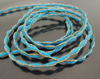 Elastic Cord 2.5mm - Turquoise Blue with Metallic Gold Stretch Elastic Drawcord Rope Cord ( 1 , 5 or 10 Yards )