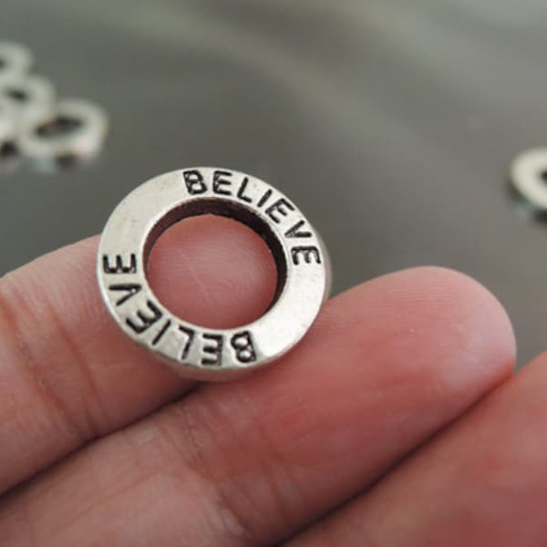 Fnding - 6 pcs Antique Silver Metal Circle Ring Charm with Believe Word Engraved 14mm x 2mm ( Inside 8mm Diameter )