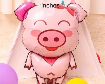 Könnte beinhalten: Ein rosa folienballon in Form eines Schweins mit einem fröhlichen Gesicht und einer kleinen roten Schleife. Der Ballon ist 20 Zoll mal 16 Zoll groß.