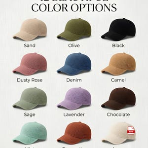 May include: Twelve baseball caps in a grid layout, each featuring a textured, crocheted-style knit pattern. The colors include sand, olive, black, dusty rose, denim, camel, sage, lavender, chocolate, mint, terracotta, and cream. Text reads 12 BEAUTIFUL COLOR OPTIONS.