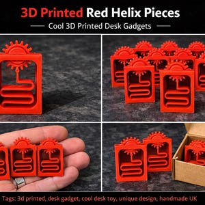 May include: Bright red 3D-printed desk gadgets. The image shows multiple views of the same item, a helix-shaped design with a gear at the top. The text reads "3D Printed Red Helix Pieces" and "Cool 3D Printed Desk Gadgets."