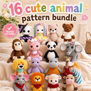 Paquete de 16 patrones de ganchillo de animales adorables, patrones PDF de amigurumi, colección de animales de ganchillo, descarga digital de juguetes de peluche