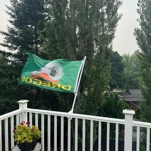 May include: A green rectangular flag featuring a white duck head graphic with an orange beak and the yellow text OREGON printed horizontally. The flag is attached to a white pole mounted on a white railing, with a potted plant on a small table.