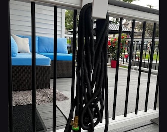 Custom designed XL Vinyl Deck Rail Hose Holder, No Drill Installation, Outdoor Deck Organizer Fits 3 1/2” x 3 1/4” Deck Rail. Message me