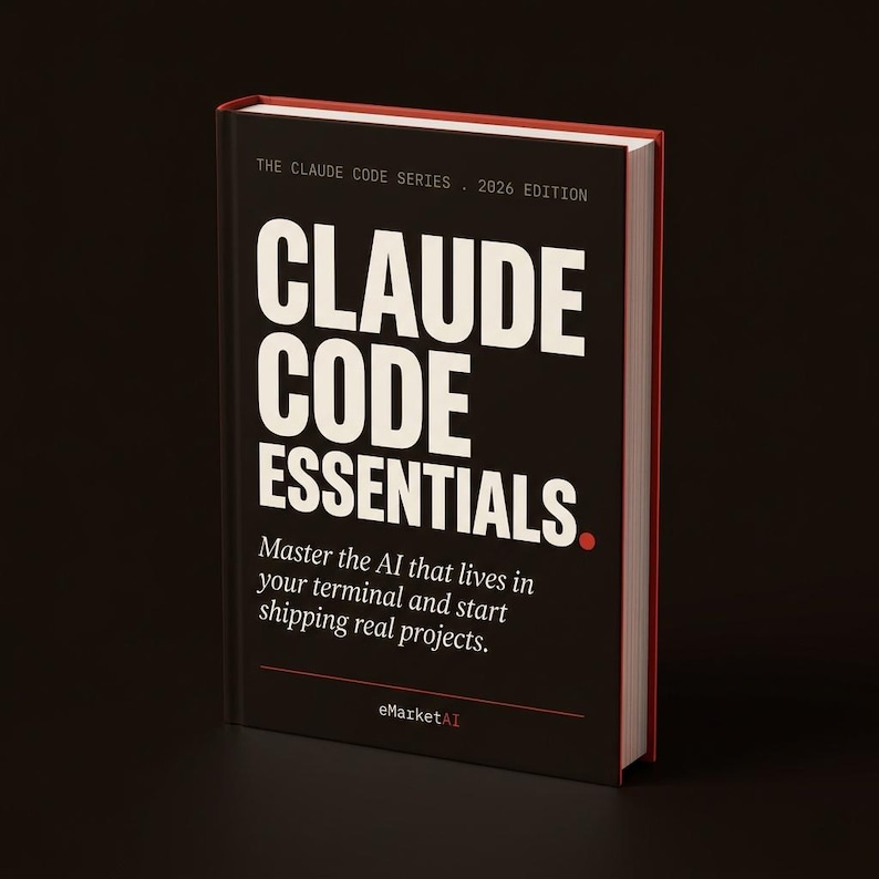 K&ouml;nnte beinhalten: Ein gebundenes Buch mit dem Titel Claude Code Essentials, 2026 Edition aus der Reihe The Claude Code Series. Der schwarze Einband zeigt fetten wei&szlig;en Text, einen roten Punkt und den Untertitel: Master the AI that lives in your terminal and start shipping real projects.