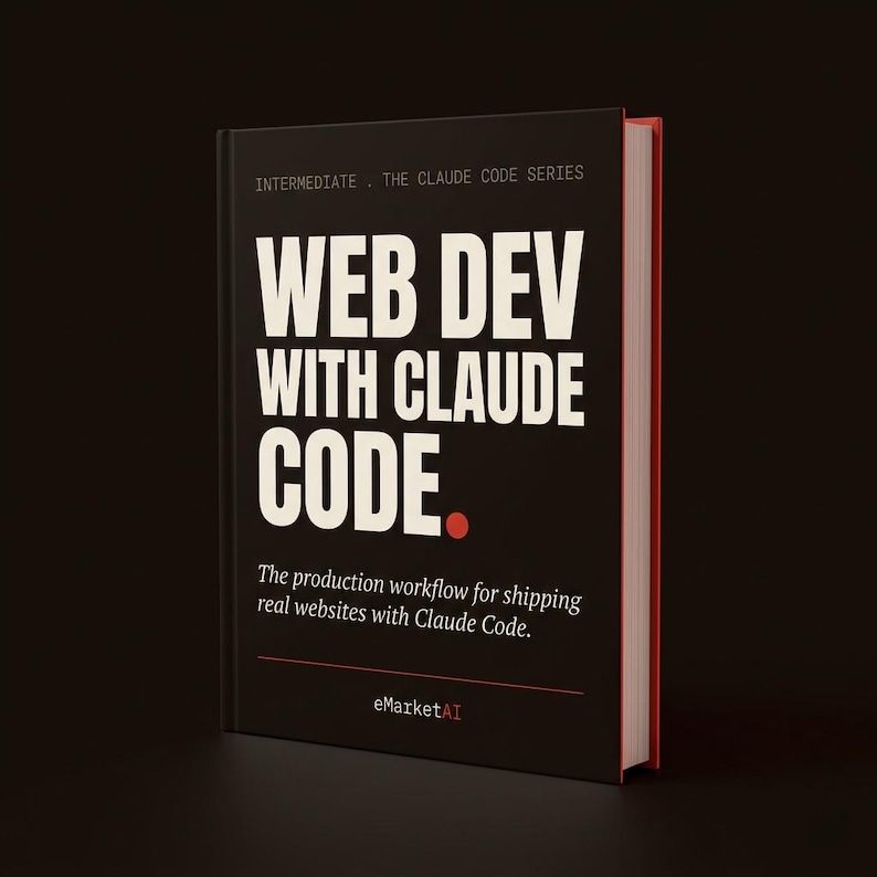 May include: A black hardcover book titled WEB DEV WITH CLAUDE CODE. The cover features white text, a red dot, and the subtitle The production workflow for shipping real websites with Claude Code. The spine and page edges are visible in red and white.