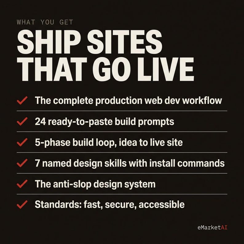 May include: A black graphic with white text reading WHAT YOU GET SHIP SITES THAT GO LIVE. Below are six bullet points marked with red checkmarks: The complete production web dev workflow, 24 ready-to-paste build prompts, 5-phase build loop, 7 named design skills, The anti-slop design system, and Standards: fast, secure, accessible. eMarketAI is at the bottom.