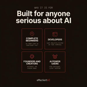 K&ouml;nnte beinhalten: Eine dunkle Grafik mit dem Text WHO IT IS FOR und Built for anyone serious about AI. Vier rot umrandete Quadrate enthalten Symbole und Text: COMPLETE BEGINNERS, DEVELOPERS, FOUNDERS AND CREATORS, AI POWER USERS, sowie den Text eMarketAI unten.