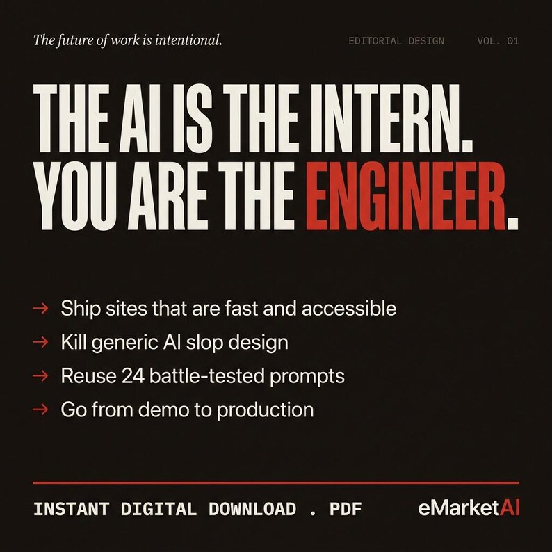May include: A black digital graphic with white and red text reading: The future of work is intentional. Editorial Design Vol. 01. THE AI IS THE INTERN. YOU ARE THE ENGINEER. Bullet points list: Ship sites that are fast and accessible, Kill generic AI slop design, Reuse 24 battle-tested prompts, Go from demo to production. Instant digital download PDF, eMarketAI.