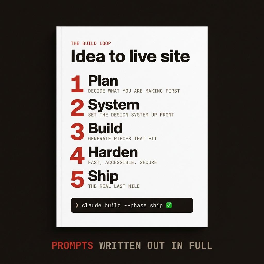 May include: A white rectangular poster titled The Build Loop: Idea to live site. It lists five steps in red and black: 1 Plan, 2 System, 3 Build, 4 Harden, 5 Ship, with descriptive text for each. A black terminal-style box at the bottom reads: > claude build --phase ship.