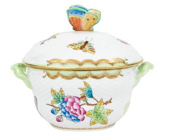 Azucarero Herend Queen Victoria con tapa – Remate de mariposa de porcelana pintado a mano