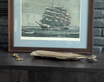 Impression encadrée d'art maritime vintage « Rounding the Horn » par Richard Linton, lithographie de navire Ocean Clipper 1980, grande oeuvre d'art murale nautique