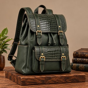 Puede incluir: Una mochila de color verde bosque oscuro con cuerpo de cuero liso y solapas con relieve de cocodrilo en la parte superior y el bolsillo frontal. La bolsa incluye hebillas de metal dorado, correas ajustables y cierre de cordón.