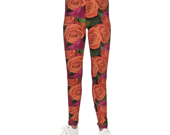 Orange Rose Allover Print Youth Leggings | Floral Pattern, Kids