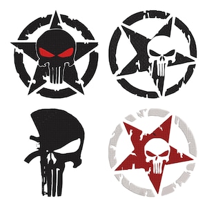May include: Four graphic designs featuring skull imagery. Two designs show a skull within a star and circle, one with red eyes. Another design is a skull profile. The last design is a skull within a red star and a white circle.
