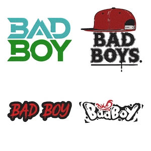 May include: Four embroidered patches featuring the text BAD BOY or BAD BOYS in various fonts and colors. One design includes a red baseball cap, another uses green and teal lettering, one is in red with a black outline, and one is in white graffiti style.