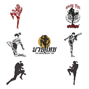 May include: A collection of eight embroidered designs featuring Muay Thai fighters in various stances. The graphics include silhouettes in red and black, a central gold circular emblem with Thai script, and text reading Muay Thai and Thai Boxing.