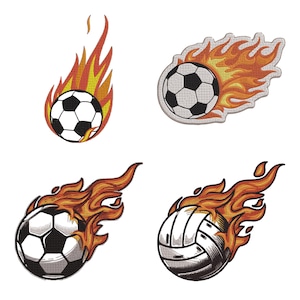 May include: Four embroidered patches featuring sports balls engulfed in flames. Two soccer balls and one volleyball are depicted with detailed stitching. The flames are rendered in shades of orange and yellow, creating a dynamic and energetic design.